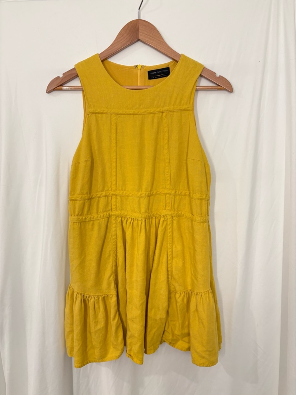 Urban Outfitters Mustard Yellow Linen-Blend Tiered Babydoll Mini Dress Size S